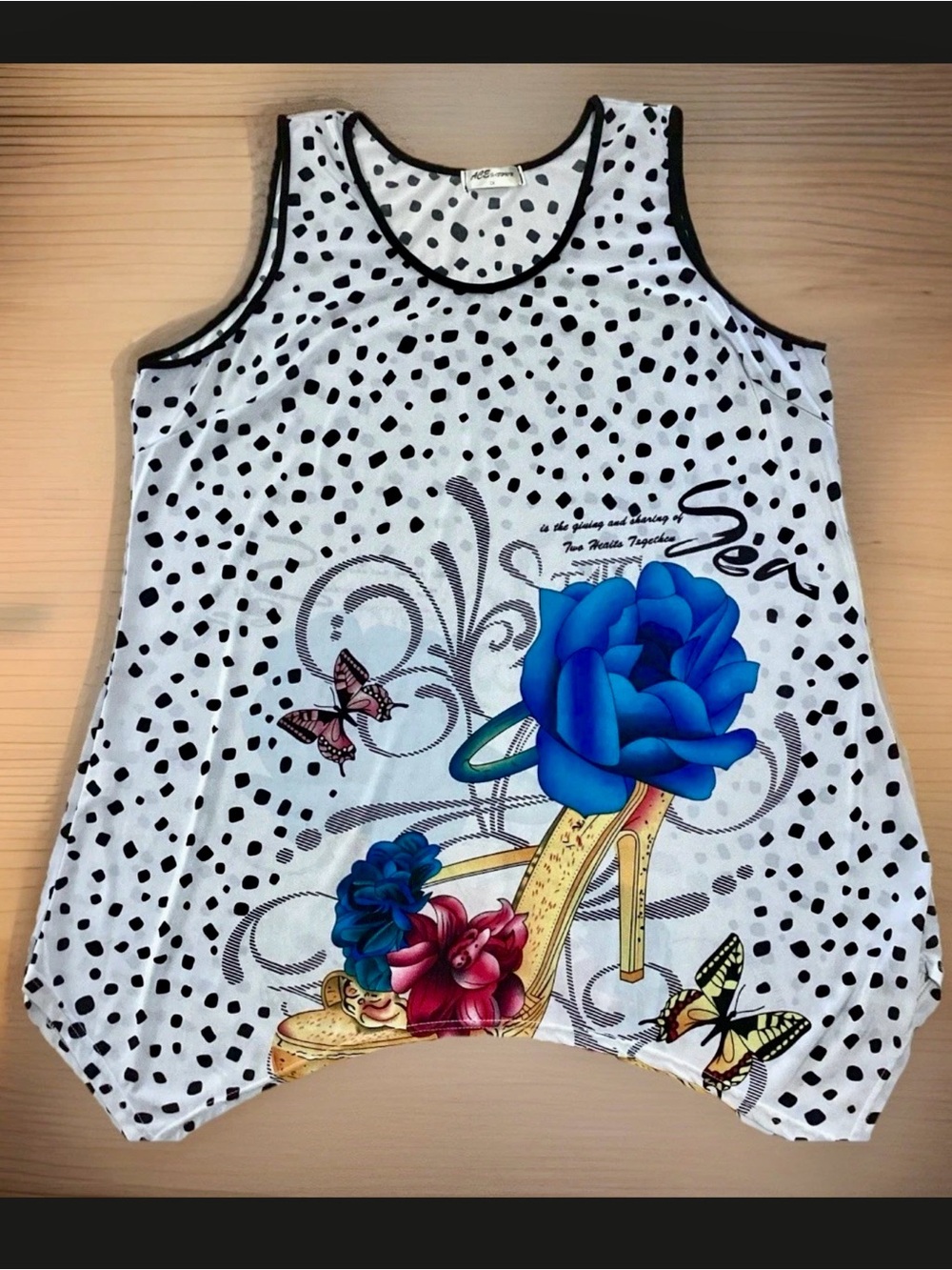 Sea White Black Polka Dot Tank with Blue Floral Shoe Graphic